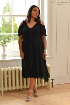 Live Unlimited Curve Ruffle Frill Front Cold Shoulder Black Dress (T60935) | €68