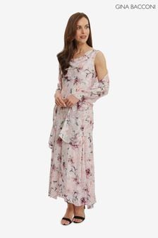 Gina Bacconi Pink Abigail Midi Cowl Neck Printed Dress & Shawl (T60979) | €204
