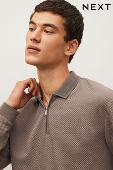 Neutral Brown - Textured Long Sleeve Polo Shirt (T61006) | kr570