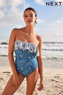 Blue Paisley Frill Plaited Bandeau Tummy Shaping Control Swimsuit (T61533) | kr680