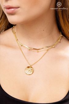 Caramel Jewellery London Zweireihige Halskette mit Glitzer-Scheibenanhänger, Goldfarben (T61608) | 31 €