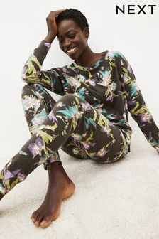 Natur mit floralem Muster - Langärmeliger Pyjama aus Baumwolle (T61751) | 20 €