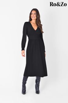 Ro&Zo Jersey Shirred Waist Midi Black Dress (T61789) | €91