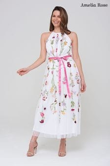 Amelia Rose White Floral Embroidered Dress with Belt (T61868) | €78