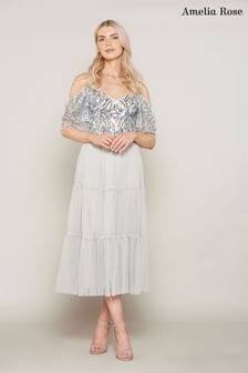Amelia Rose Silver Off The Shoulder Embellished Midi Dress (T61875) | 36 €