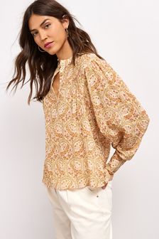 Olive Green/Yellow Paisley Print Sparkle Long Sleeve Top (T61915) | ₪ 87