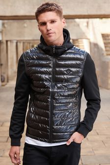 Black Shine Jersey Sleeve Hooded Hybrid Jacket (T62063) | 77 €