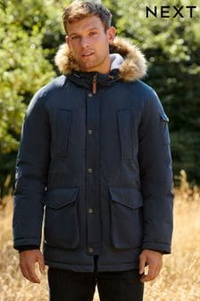 Navy Blue With Detachable Faux Fur Hood Long Shower Resistant Hooded Parka Jacket (T62117) | 126 €