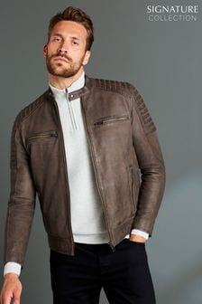Brown Signature Leather Quilted Racer Jacket (T62407) | kr1,827