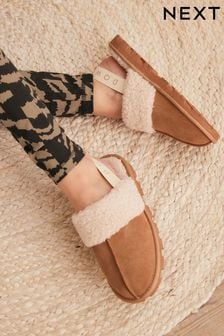 Tan Brown Suede Mule Slippers with Elastic Support (T62658) | €32.50