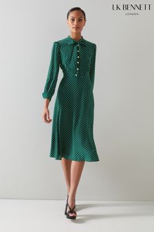Rochie de mătase cu buline polka crem LK Bennett Mortimer verde (T62683) | 2,381 LEI