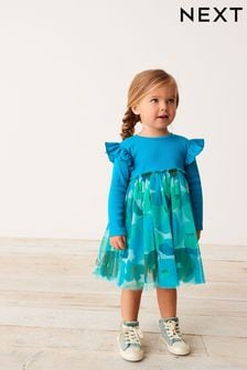 Petrol/Blau geblümt - Party-Kleid aus Netzstoff (3 Monate bis 7 Jahre) (T63003) | 11 € - 15 €