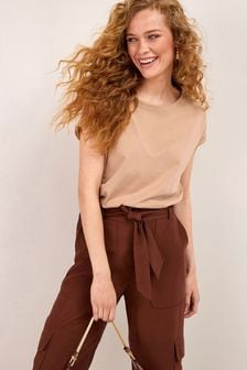 Natural Tan Brown Round Neck Cap Sleeve T-Shirt (T63398) | AED30