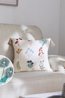 Natural Floral Embroidered Cushion With Tassels (T63758) | 28 €