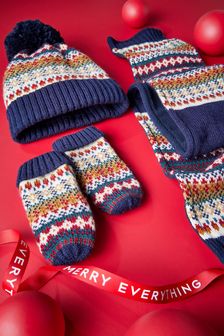 Navy Blue Fairisle Pattern Hat, Mittens And Scarf Set (3mths-10yrs) (T63804) | SGD 24 - SGD 28