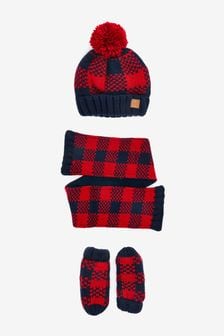 Navy Blue/Red Check Hat, Mittens And Scarf Set (3mths-10yrs) (T63806) | SGD 26 - SGD 29
