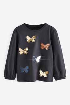Charcoal Grey Butterfly Sequin Long Sleeve T-Shirt (3mths-7yrs) (T64004) | €10 - €13