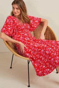 Rojo floral - Vestido abotonado a media pierna con cuello de pico (T64092) | 38 €