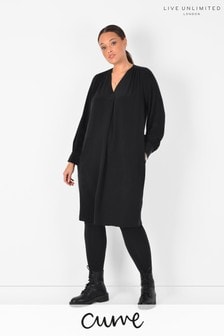 Черное платье из ткани купро с защипами спереди Live Unlimited (большие размеры) (T64094) | €51