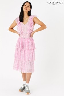 Różowa sukienka midi Accessorize z kwiatowym wzorem i falbaną (T64882) | 94 zł