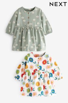 Green/Cream Floral 2 Pack Baby Jersey Dresses (0mths-3yrs) (T65265) | €19 - €22