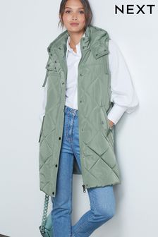 Sage Green Mid Length Hooded Quilted Gilet (T65789) | €62
