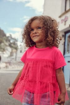 Bright Pink Short Sleeve Mesh Detail Party Top (3mths-7yrs) (T66392) | €8 - €9