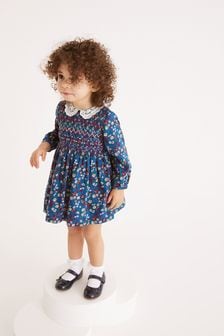 Navy Blue Floral Printed Shirred Collar Dress (3mths-8yrs) (T66662) | 18 € - 23 €