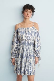 White/Blue Floral Strappy Bardot Mini Dress (T67162) | €14