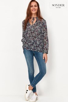 Sonder Studio Blue Floral Pleated Shirt (T67390) | $74