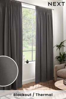 Dark Charcoal Grey Cotton Blackout/Thermal Pencil Pleat Curtains (T67542) | ₪ 131 - ₪ 345