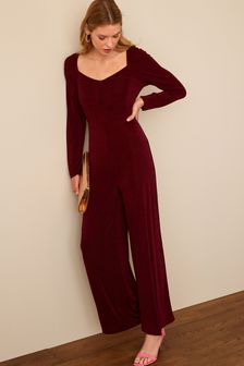 Berry Red Long Sleeve Corset Detail Jumpsuit (T67572) | ₪ 146