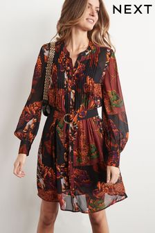 Rust Brown Floral Patch Print Pintuck Belted Mini Dress (T67820) | 61 €