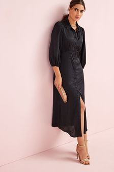 Black Jacquard Satin Empire Line Midi Shirt Dress (T68377) | 48 €