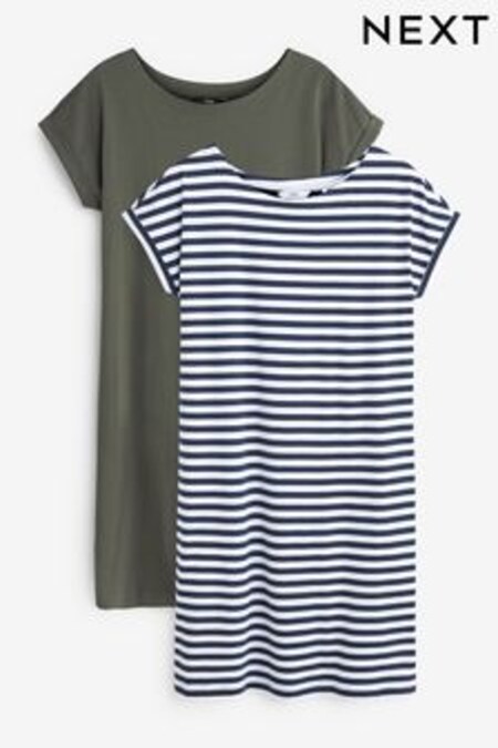Khaki/Navy Blue White Stripe 2 Pack Cotton Relaxed Fit Cap Sleeve Tunic Dresses (T68893) | kr284