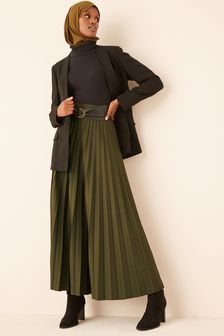 Khaki Green Satin Plissé Full Length Maxi Skirt (T69253) | 57 €