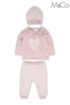 M&Co Pink Newborn Baby Girl Knitted Heart Outfit Set