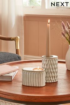 Set of 2 Grey Reactive Glaze Textured Tealight and Taper Candle (T69612) | €16