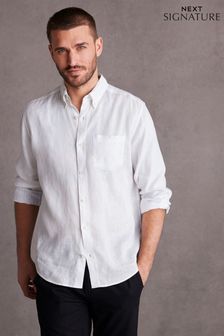 White Standard Collar Signature 100% Linen Long Sleeve Shirt (T69624) | $57
