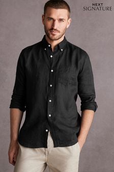 Black Standard Collar Signature 100% Linen Long Sleeve Shirt (T69631) | AED167