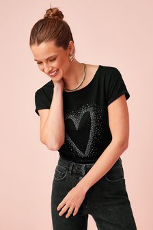 Black Heart Curved Hem T-Shirt (T69727) | ₪ 58