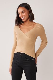 Camel Brown V-Neck Wrap Front Rib Knitted Top (T69890) | 45 €