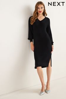 Black Ribbed V-Neck Knitted Midi Dress (T69935) | 46 €