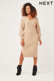 Camel Brown Ribbed V-Neck Knitted Midi Dress (T69939) | 46 €