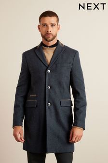 Navy Blue Trimmed Epsom Wool Coat (T70125) | $214