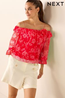 Red Floral Print Off Shoulder Long Sleeve Corsage Top (T70513) | 32 €