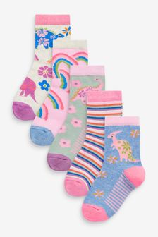 Pink/Blue/Green 5 Pack Cotton Rich Dinosaur And Rainbow Ankle Socks (T70981) | €9 - €10.50
