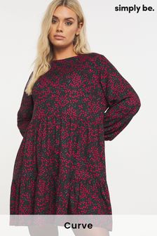 Simply Be Black Print Supersoft Tiered Smock Dress (T71034) | ₪ 102
