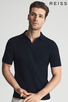 Reiss Navy Cumbria Texture Open Collar Knitted Polo (T71134) | $161