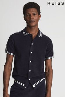 Reiss Navy Porto Velour Side Stripe Shirt (T71207) | $204